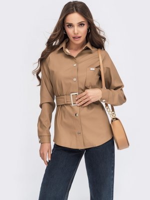 Женская рубашка из экокожи с поясом - фото