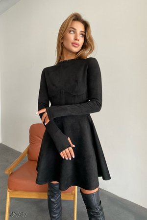 Замшевое платье со вставкой в виде корсета черное - фото