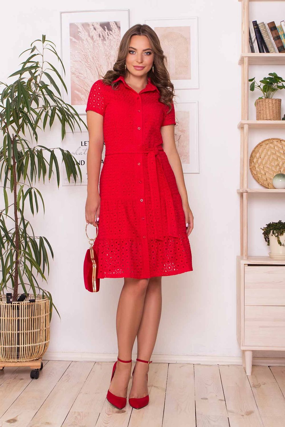 Червоне літнє плаття сорочка з прошви - фото