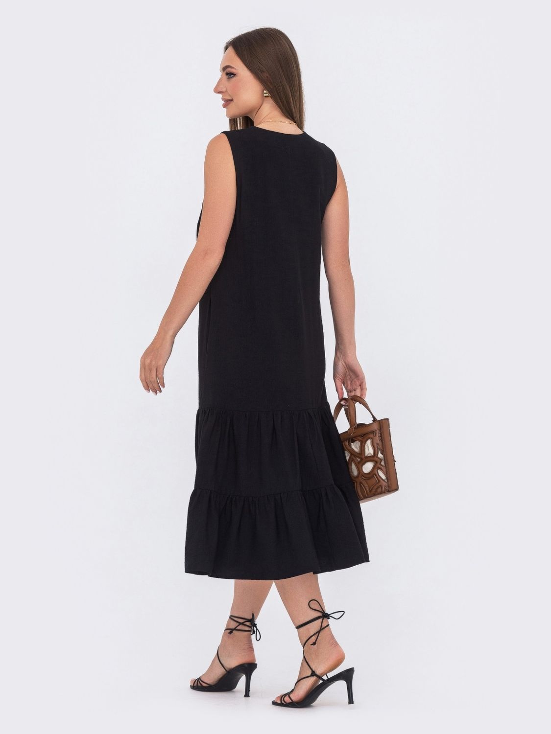 Літнє лляне плаття А-силуету чорного кольору - фото