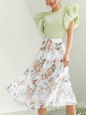 Белая шифоновая юбка-миди с цветочным принтом - фото