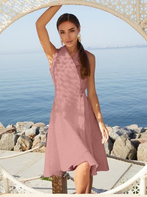 Льняное платье на запах с удлиненной спинкой розовое - фото