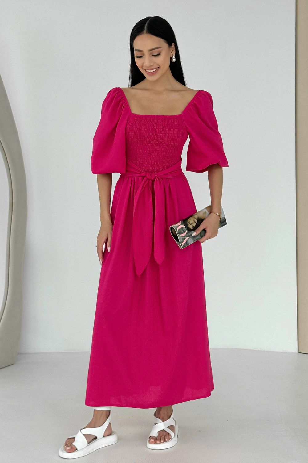 Дизайнерское летнее платье из льна розового цвета - фото