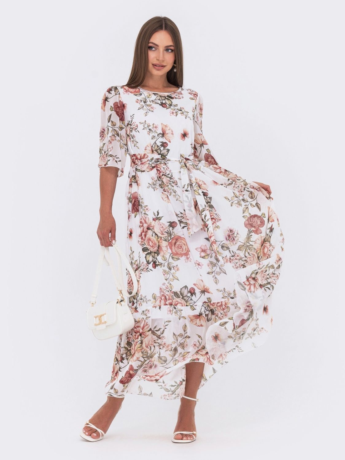 Длинное шифоновое платье макси с цветочным принтом - фото