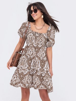 Літнє плаття із завищеною талією бежевого кольору - фото