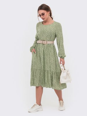 Весеннее платье свободного кроя с воланом оливковое - фото