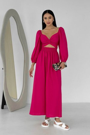 Дизайнерська літня сукня з льону рожевого кольору - фото