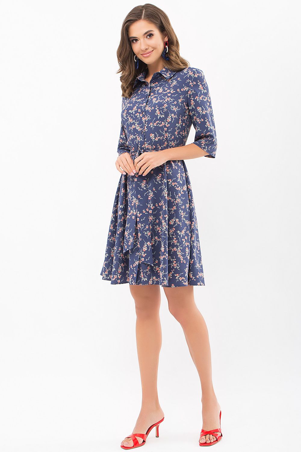 Літнє плаття сорочка зі спідницею сонце синє - фото
