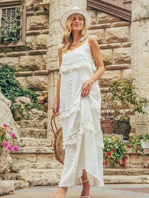 Довге літнє плаття трапеція з льону білого кольору - фото