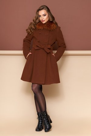 Зимове кашемірове пальто з натуральним хутром коричневе - фото