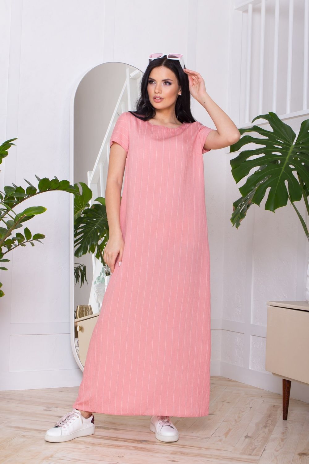 Летнее платье в пол розовое в полоску - фото