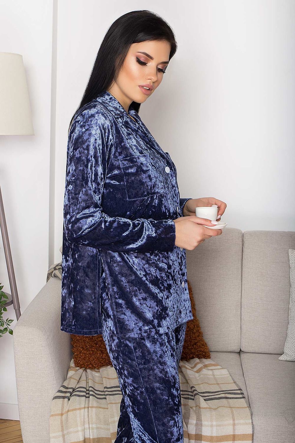Жіноча велюрова піжама синя - фото