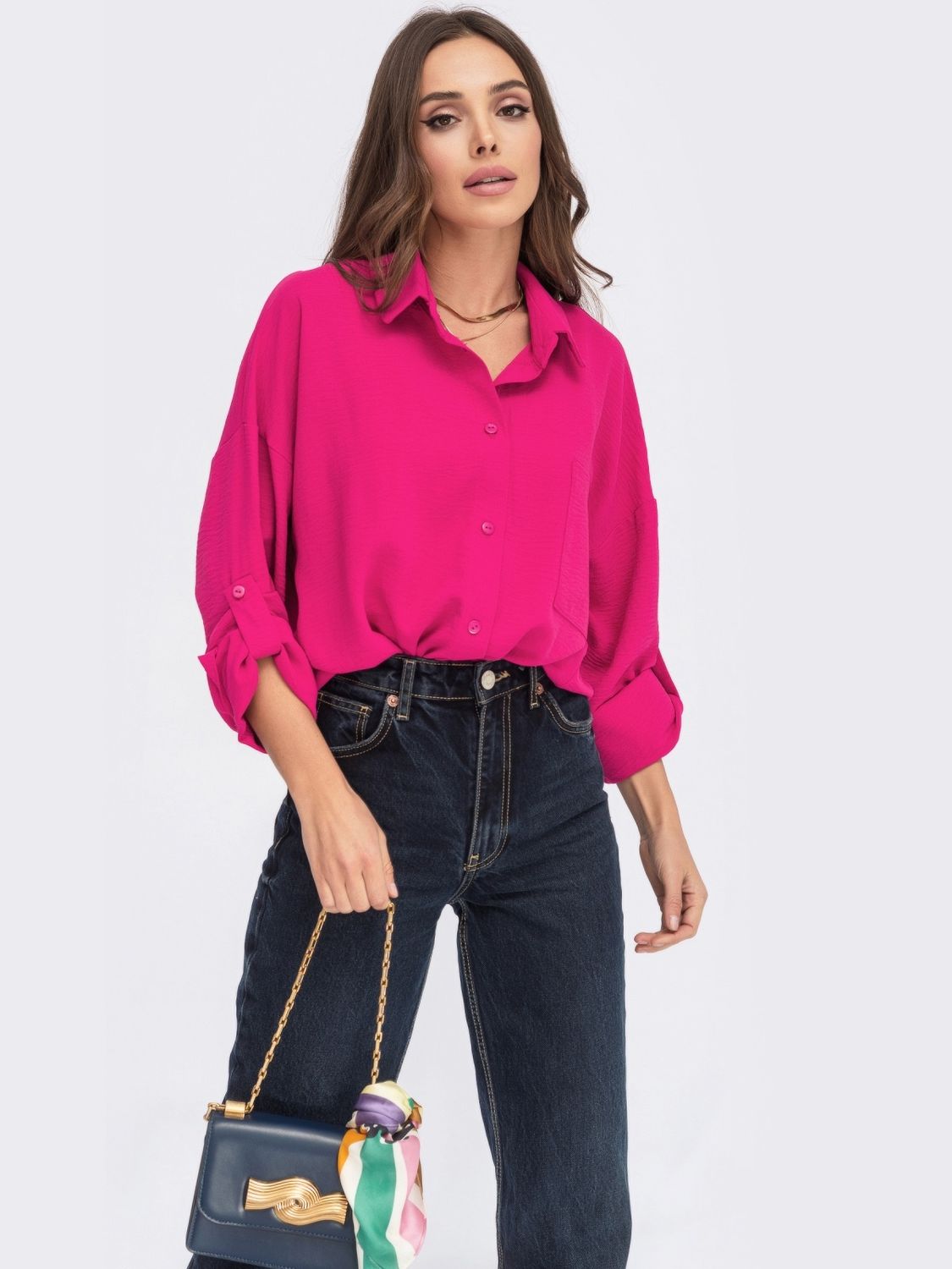Льняная рубашка в стиле оверсайз розового цвета - фото