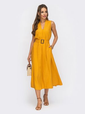 Льняное платье миди на лето с юбкой-солнце желтое - фото