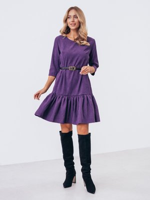 Вельветовое платье трапеция с воланом фиолетового цвета - фото