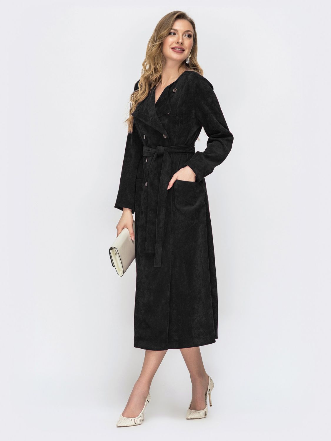 Вельветова двобортна сукня піджак чорного кольору - фото