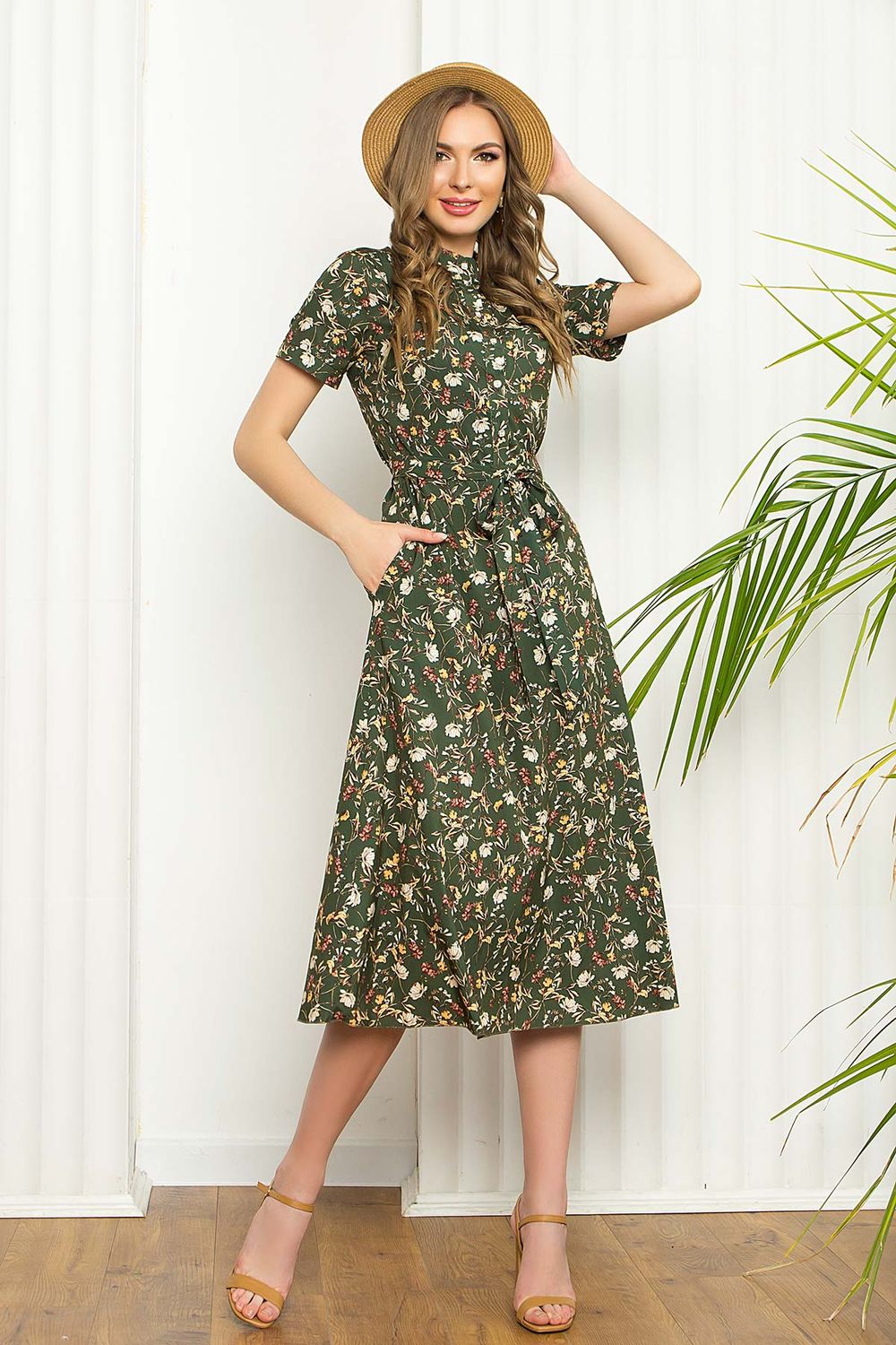 Літнє плаття сорочка довжиною максі квіткове кольору хакі - фото
