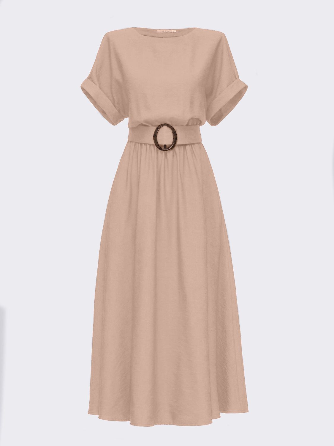 Летнее расклешенное платье из льна бежевого цвета - фото