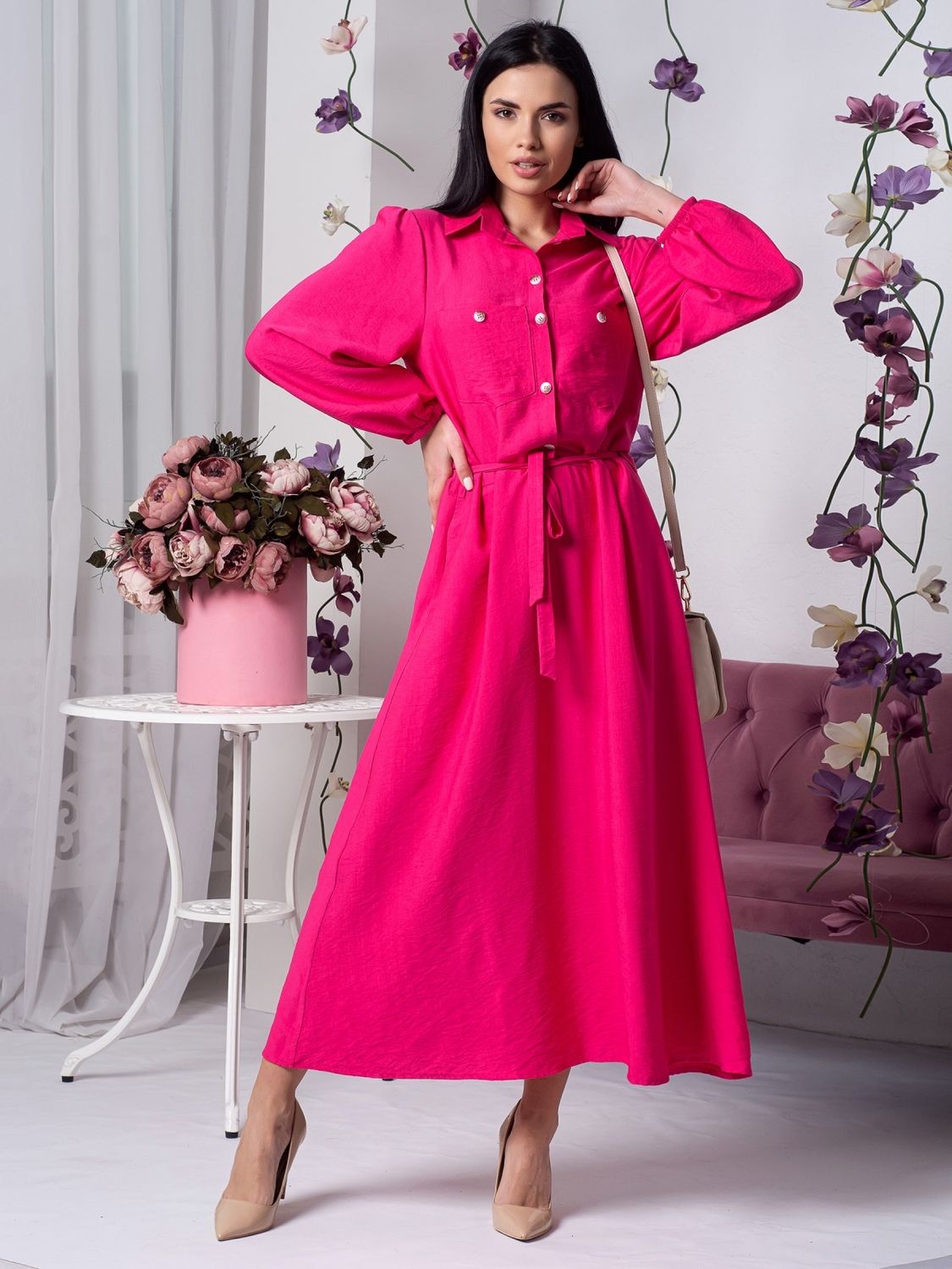 Літня лляна сукня сорочка рожевого кольору - фото