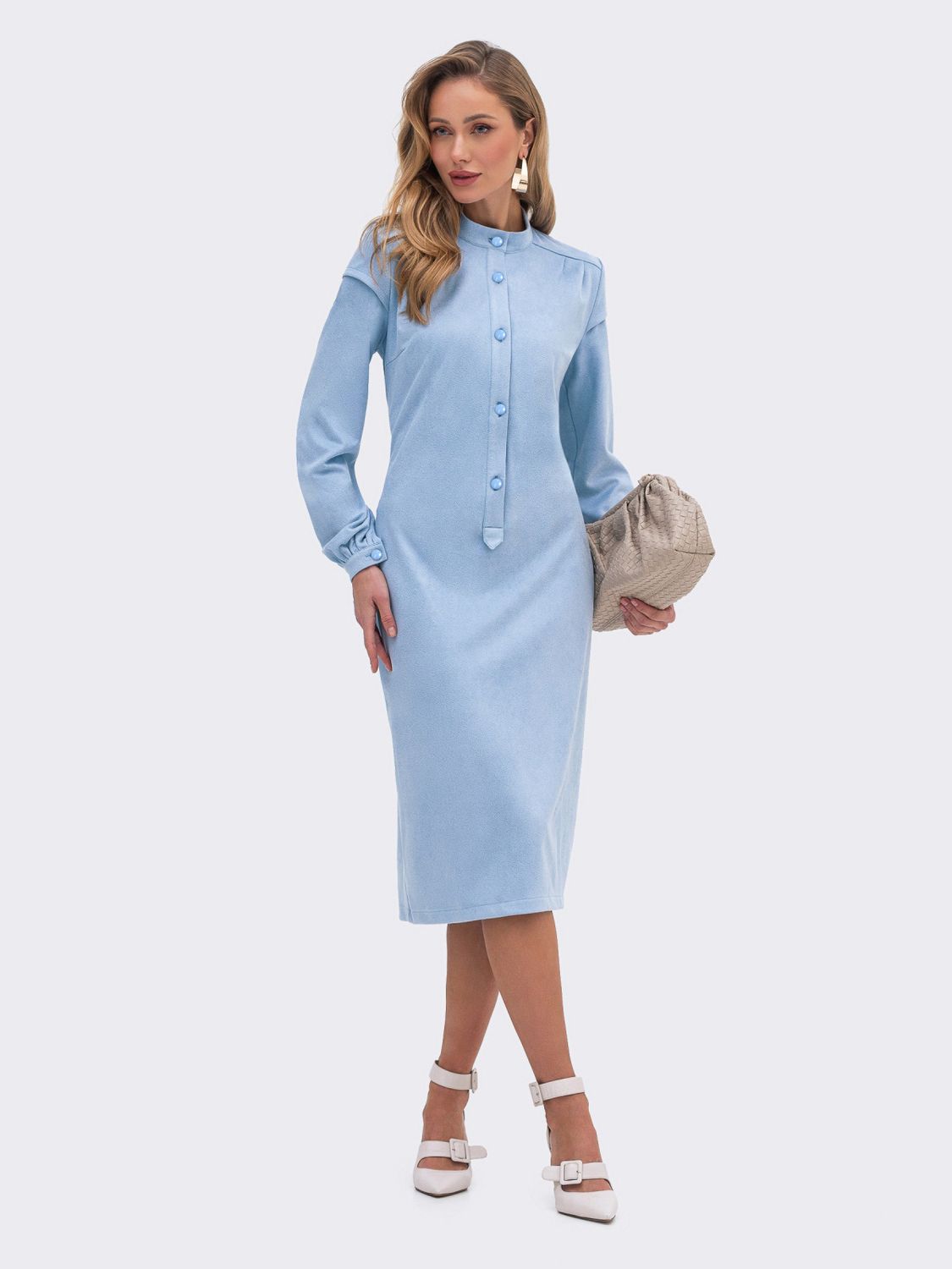 Замшеве плаття сорочка в офісному стилі блакитне - фото