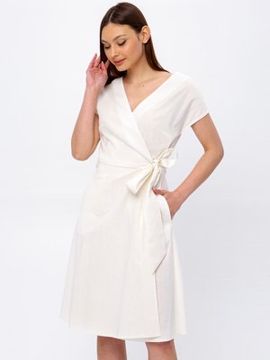 Біла літня лляна сукня на запах - фото