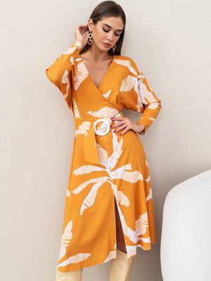 Шикарное весеннее платье миди оранжевого цвета - фото