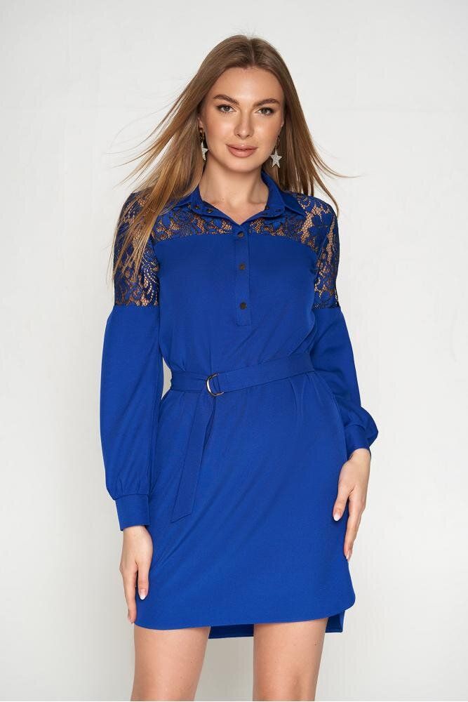 Красивое короткое платье поло с гипюром синее - фото