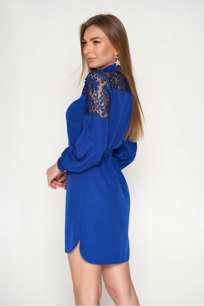 Красивое короткое платье поло с гипюром синее - фото