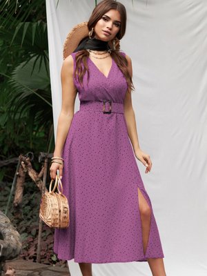 Літнє плаття міді з розрізом та спідницею-сонце - фото