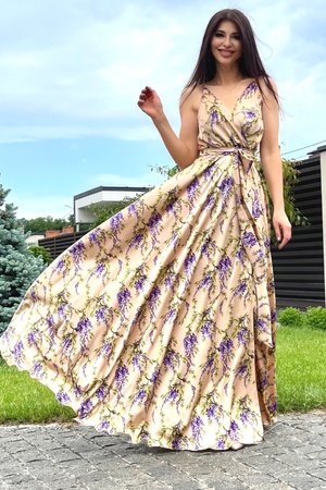 Элегантное длинное платье на запах с принтом золотое - фото