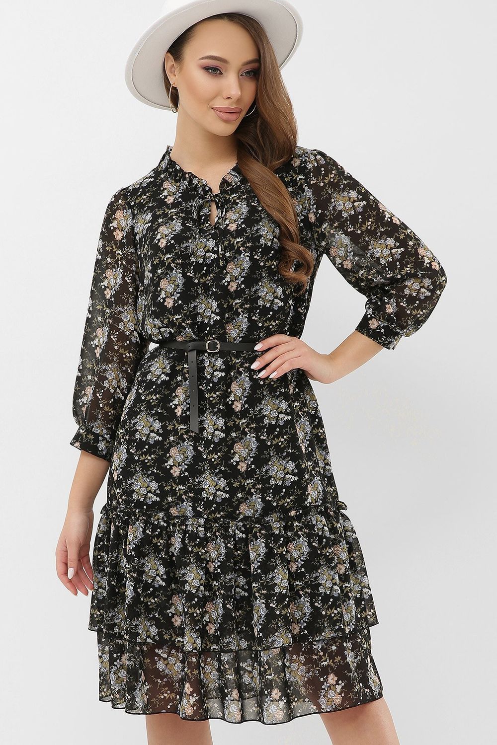 Элегантное шифоновое платье миди с цветочным принтом - фото