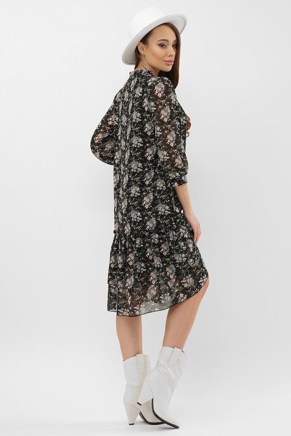 Елегантне шифонове плаття міді з квітковим принтом - фото