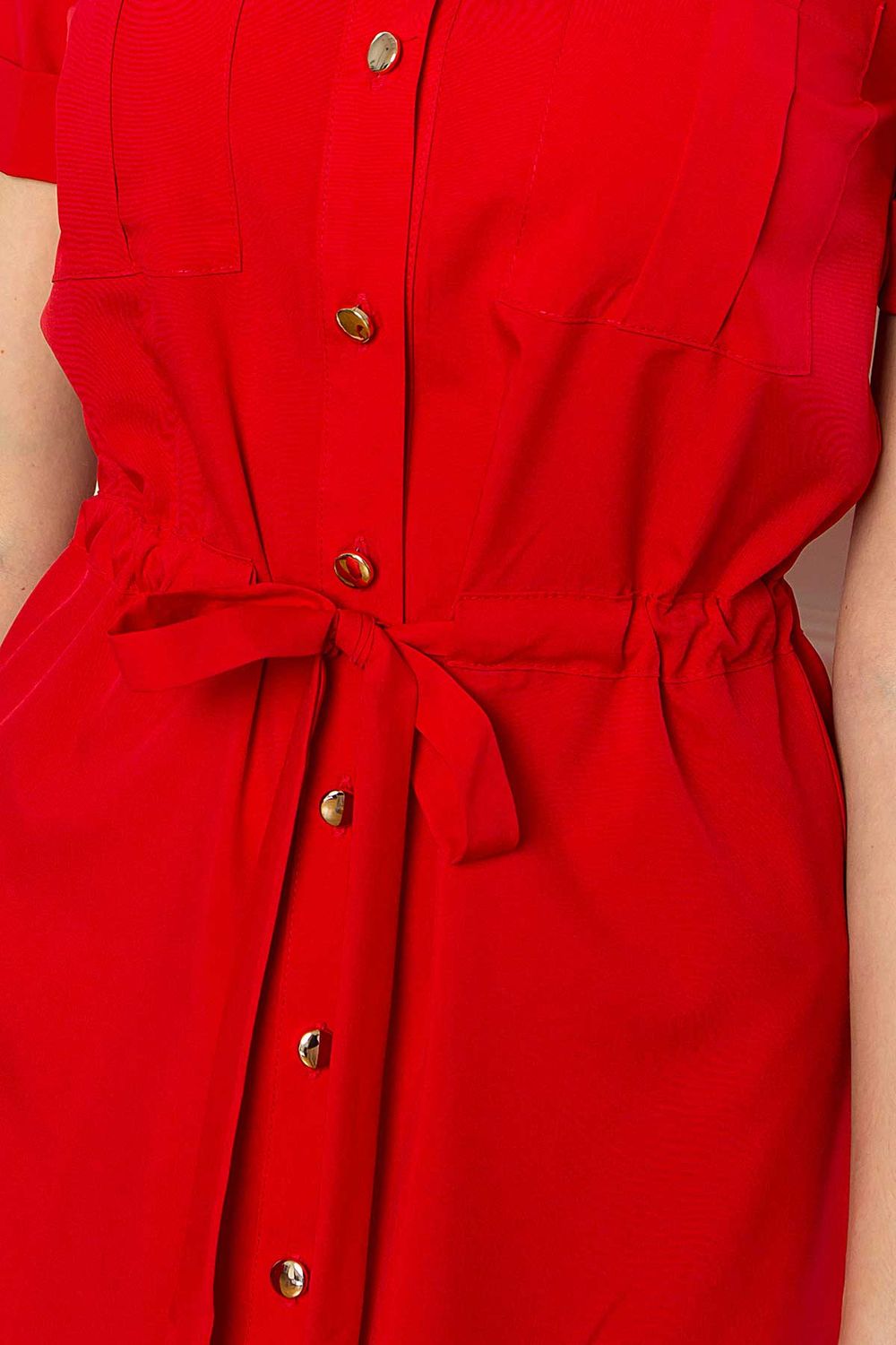 Летнее платье рубашка длиной мини красное - фото