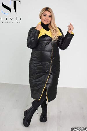Двустороннее пальто на зиму черно-желтое - фото