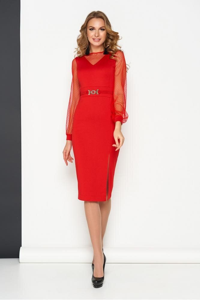 Нарядное облегающее платье футляр с разрезом красное - фото