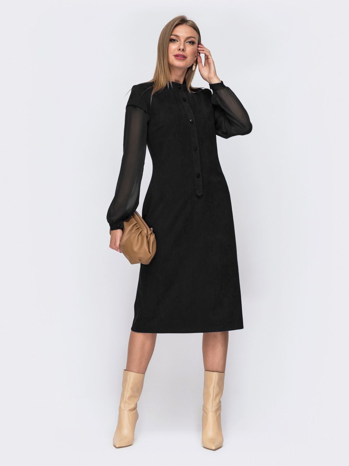 Красиве осіннє плаття міді із замші чорного кольору - фото