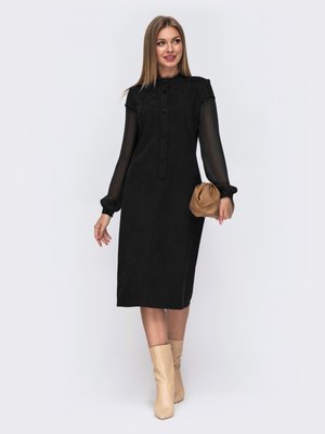 Красиве осіннє плаття міді із замші чорного кольору - фото