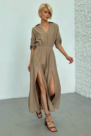 Приталене літнє плаття з льону бежевого кольору - фото