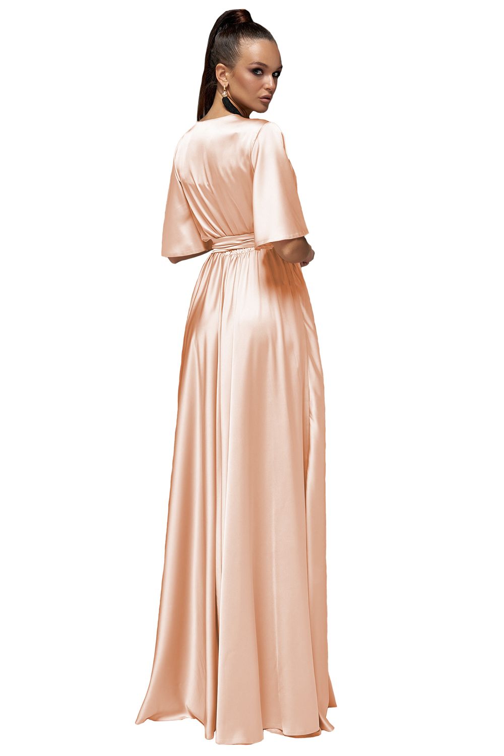 Шелковое вечернее платье в пол с разрезом персиковое - фото