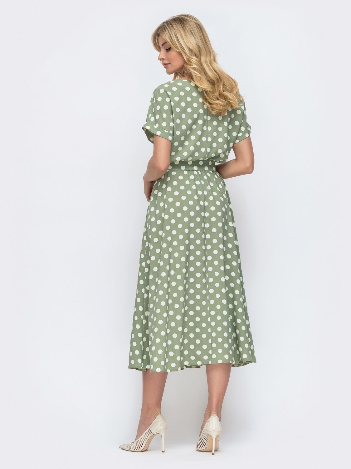 Літня сукня в горошок зі спідницею-сонце оливкова - фото