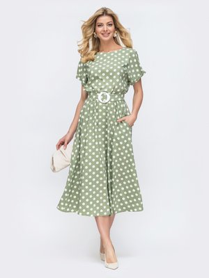 Летнее платье в горошек с юбкой-солнце оливковое - фото