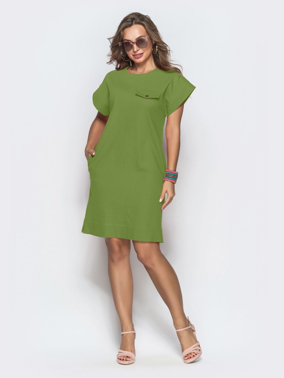 Яскрава літня сукня прямого крою зелена - фото