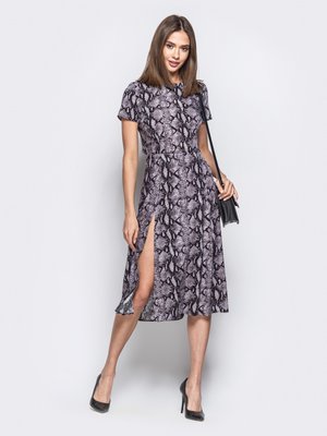 Стильне плаття з принтом та розрізом на нозі сіре - фото