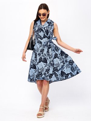 Лляна літня сукня на запах з принтом синя - фото