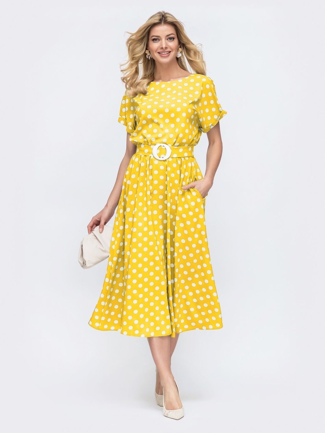Літнє плаття в горошок зі спідницею-сонце жовте - фото