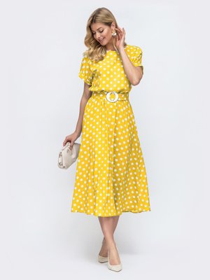 Летнее платье в горошек с юбкой-солнце желтое - фото
