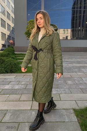 Жіноча демісезонна куртка-пальто з капюшоном хакі - фото