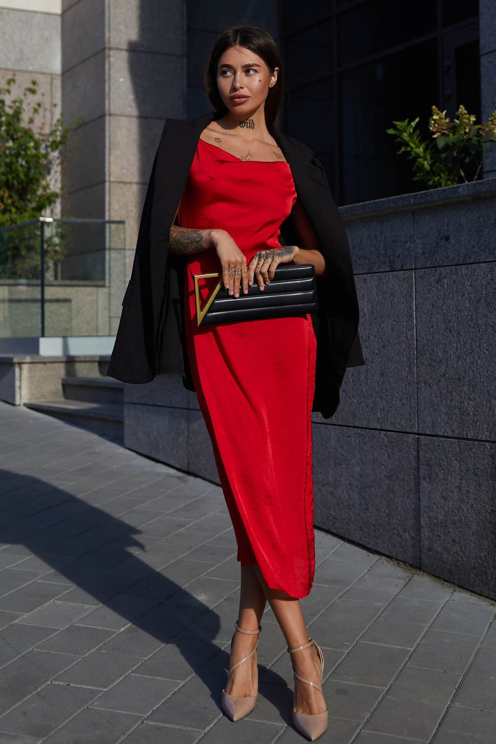 Елегантне шовкове плаття комбінація червоне - фото