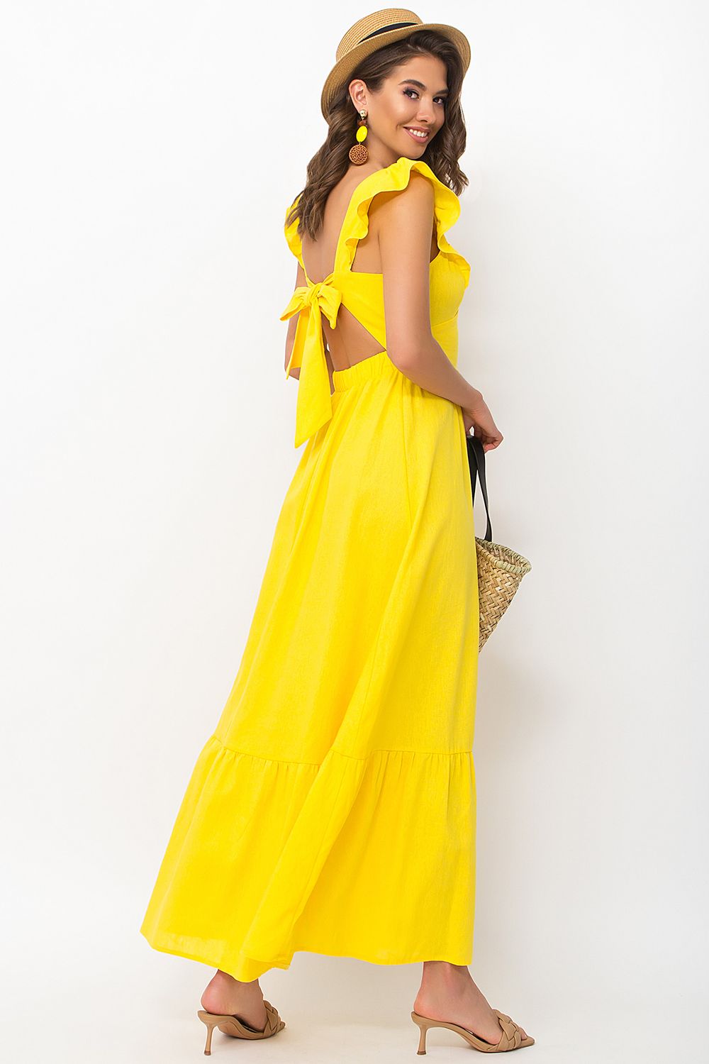 Длинный женский сарафан льняной желтого цвета - фото