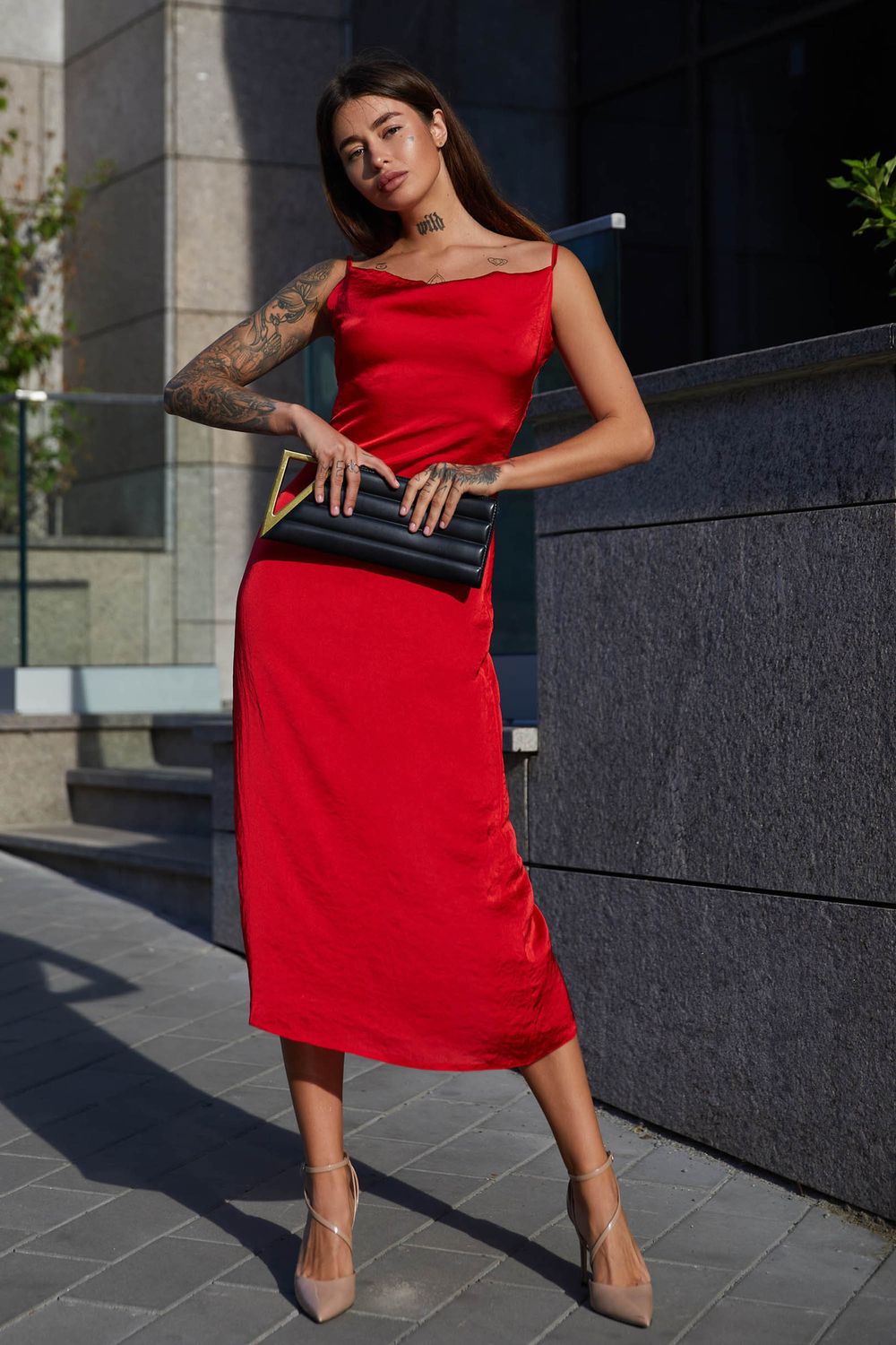 Элегантное шелковое платье комбинация красное - фото
